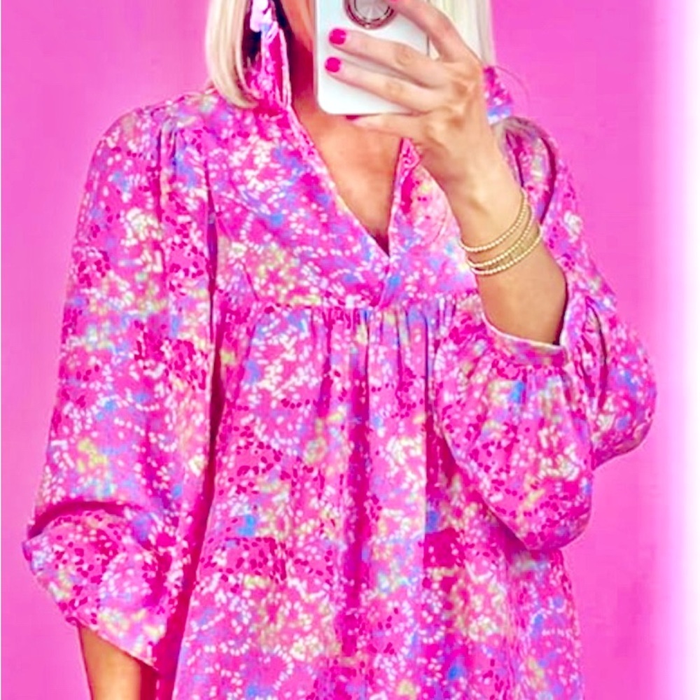 【SOFT & COMFORTABLE FABRIC】: PINK MULTI Womens Long Sleeve Blouse 100% Polyester